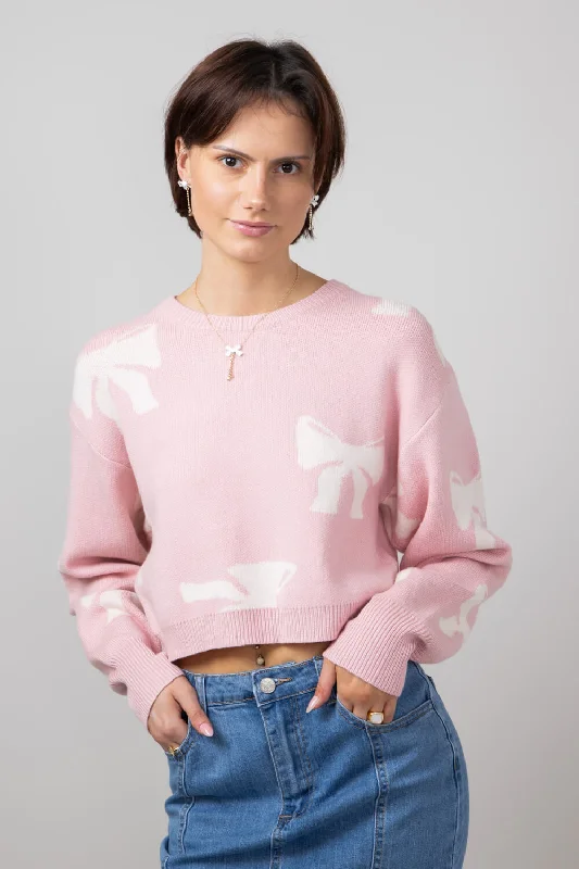 Acrylic Knit TopsWhite Bow Sweater for Women in Pink | IWT4021-PINKWHITE