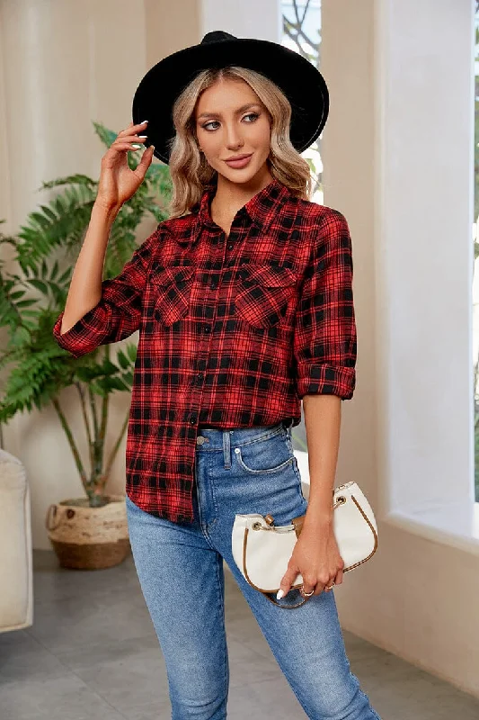 Plaid Curved Hem Long Sleeve Plaid ShirtDesigner Shirts