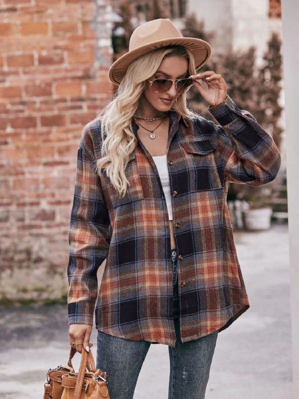 Plaid Dropped Shoulder Longline ShirtHooded Shirts