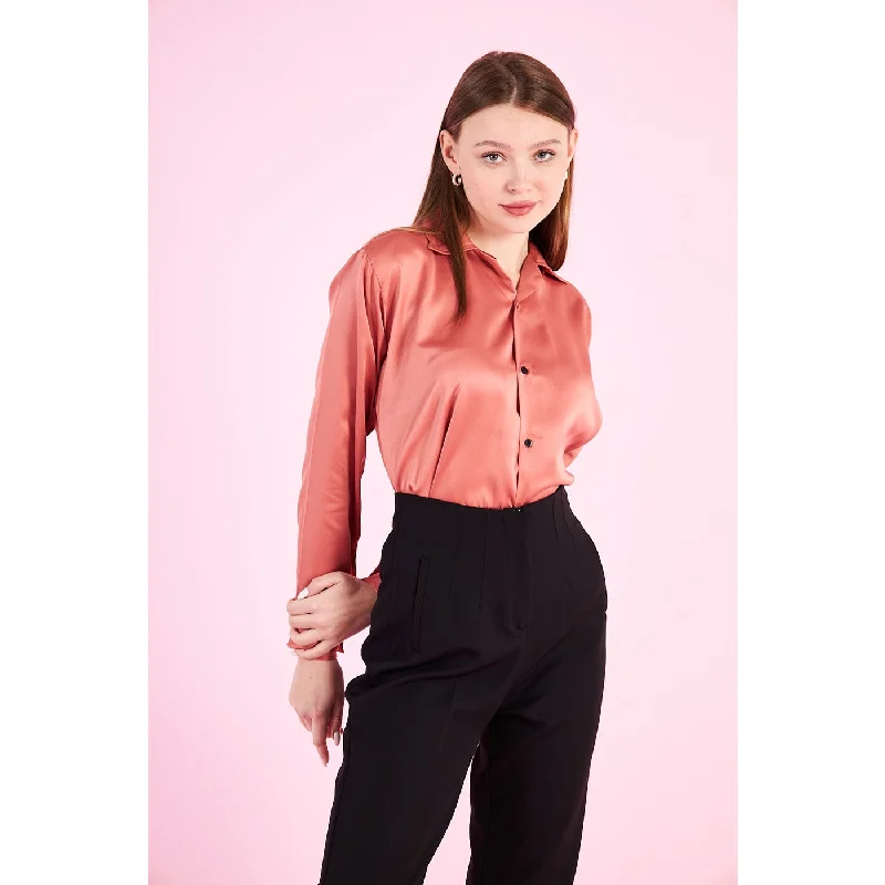 Pink Cuban Collar Satin ShirtTunic Shirts
