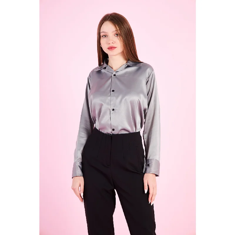 Grey Cuban Collar Satin ShirtBamboo Shirts