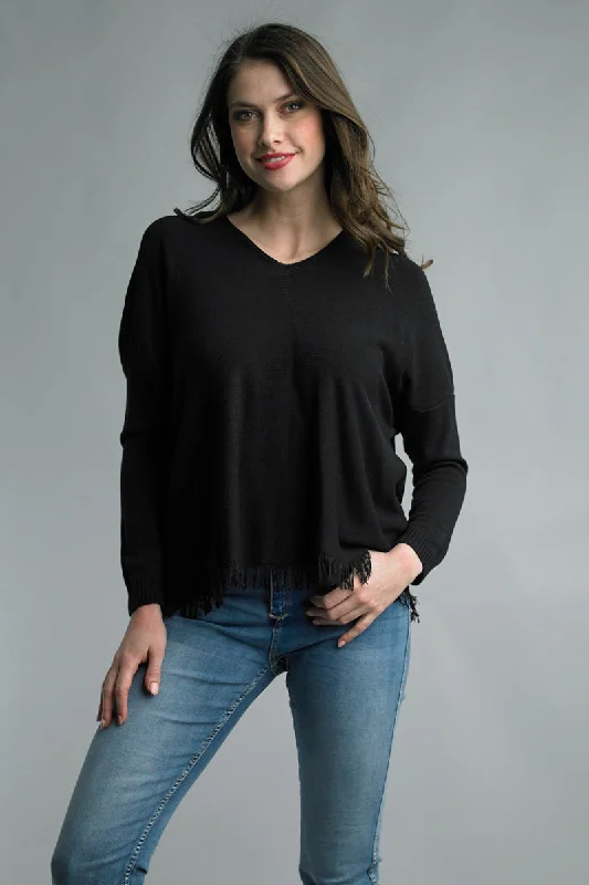 VNeckTopOrbitTempo Paris V Neck Black Fringe Hem Sweater